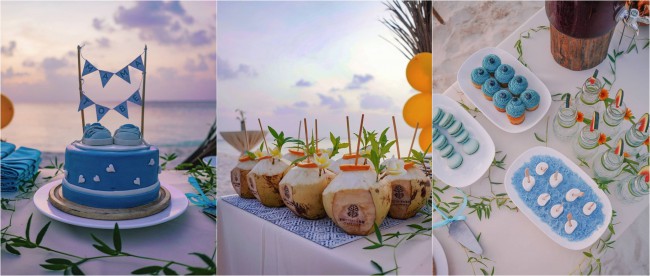 colaj cu poze de la baby shower-ul sinzianei iacob din maldive. Nuci de cocos, prajituri albastre si tort albastru cu botosei