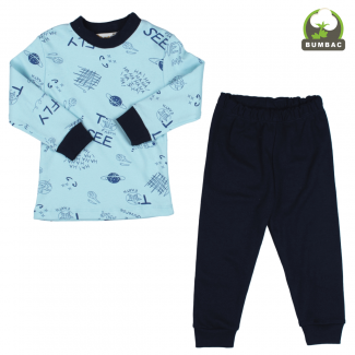 set de pijamale pentru baieti format din bluza albastra si pantaloni lungi bleumarin
