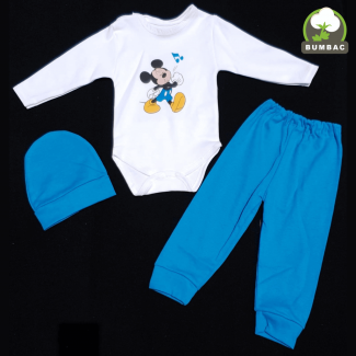 Pijama bebelusi Mickey Mouse, formata din pantaloni lungi turcoaz, bluza alba cu maneci lungi si o caciulita