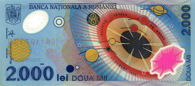 prima bancnotă din plastic din România, cu valoarea nominală de 2.000 de lei, față