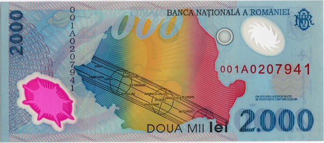 prima bancnotă din plastic din România, cu valoarea nominală de 2.000 de lei, spate