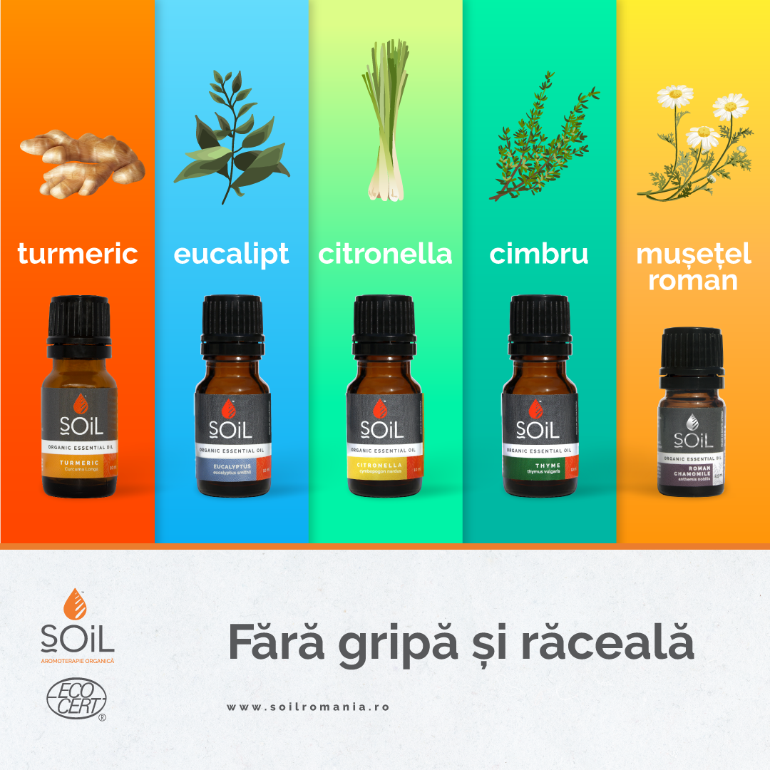 uleiuri esențiale de turmeric, eucalipt, citronella, cimbru și mușețel roman