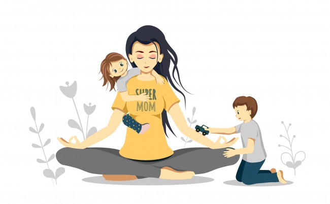 Ilustrație cu o mamă tânără stând într-o poziție de yoga și relaxându-se în timp ce copiii mici se joacă cu ea