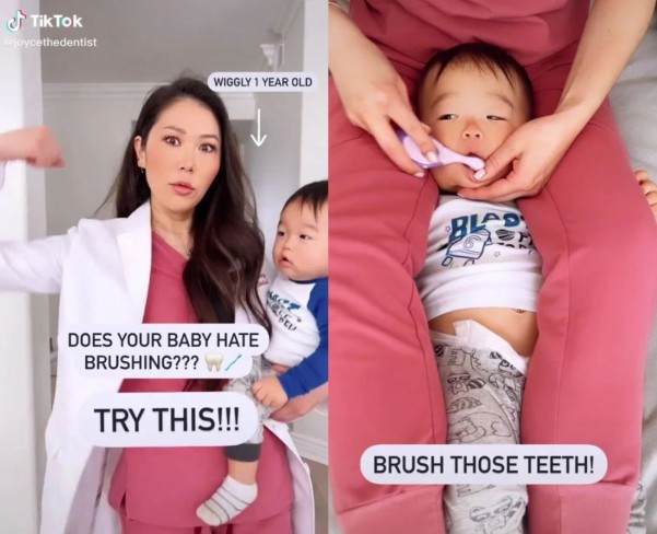 O mamă dezvăluie trucul pe care îl folosește pentru a-și spăla bebelușul pe dinți