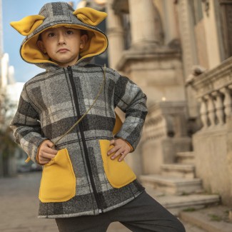 Jachetă copii de lână, gri cu glugă și urechiușe galbene, model Checkers | Kitisimo