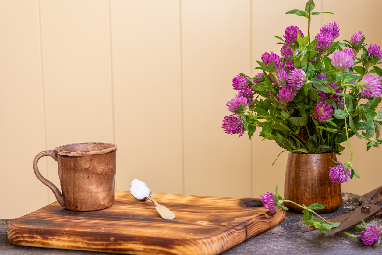 O cana de ceai si o lingurita puse pe un fund de lemn si o vaza plina cu flori de trifoi rosu asezate pe o masa