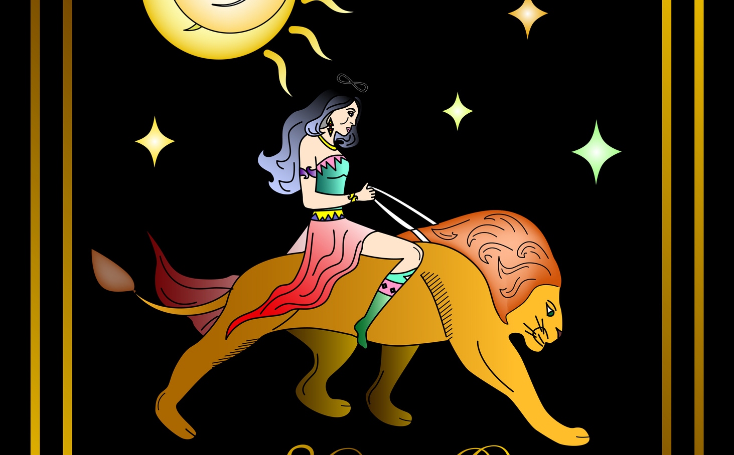 zodia leu reprezentata de o femeie calare pe un leu