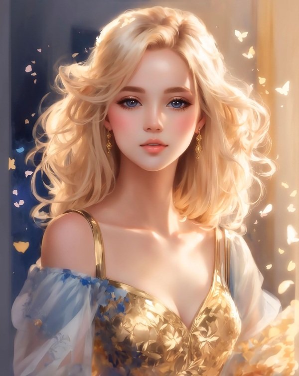 femeie blonda in rochie aurie inconjurata de fulgi aurii