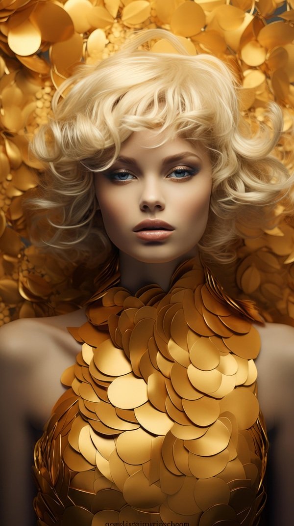 femeie cu parul blond cu bucle in rochie aurie