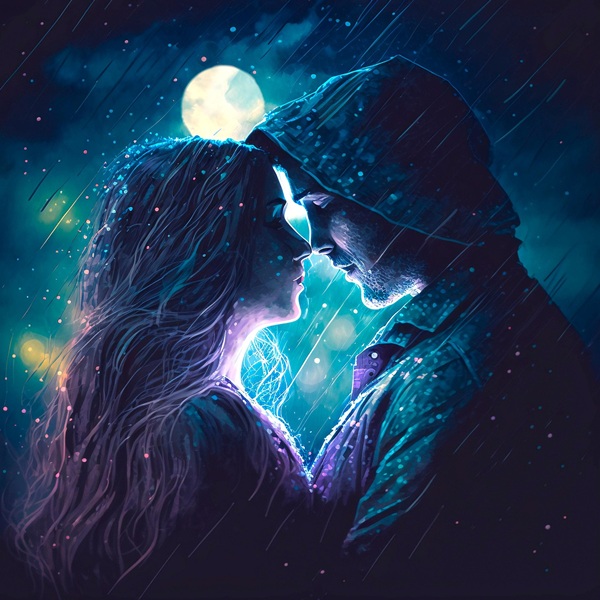 barbat si femeie stau fata in fata pe fundal luna plina