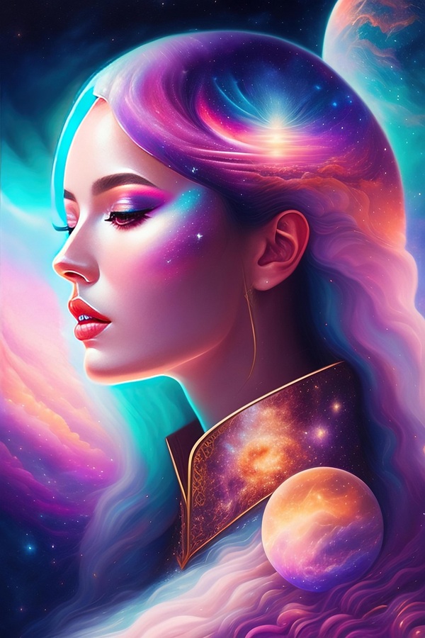 femeie cu parul roz pe fundal multicolor cosmic