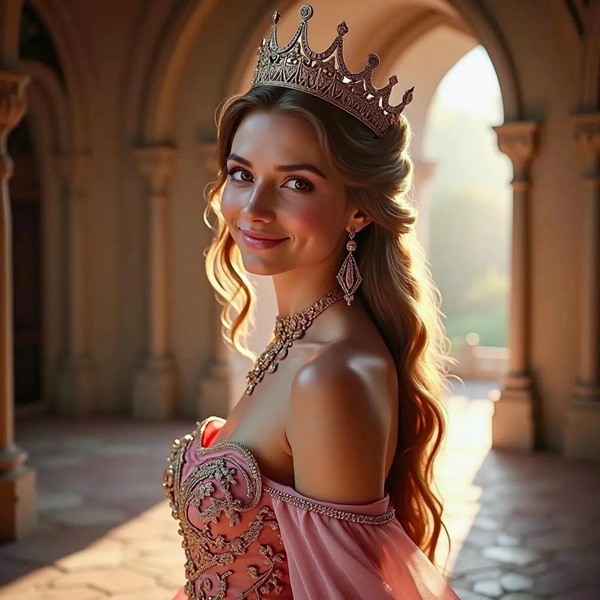 printesa cu parul lung saten cu rochie roz si coroana pe cap