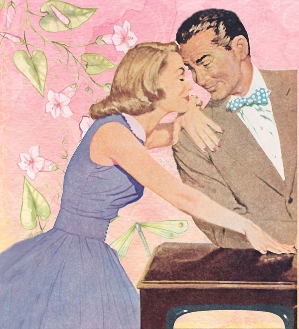 ilustratie cu femeie blonda in rochie mov care priveste in ochi un barbat brunet