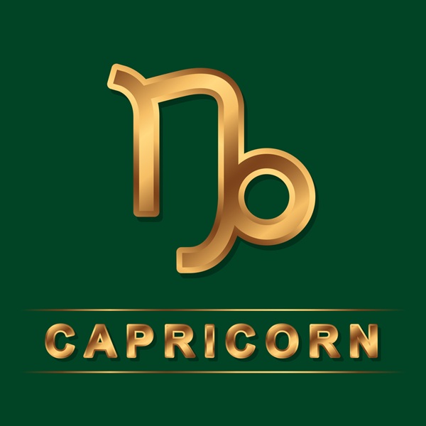 reprezentare a zodiei capricorn cu litere aurii pe fundal verde