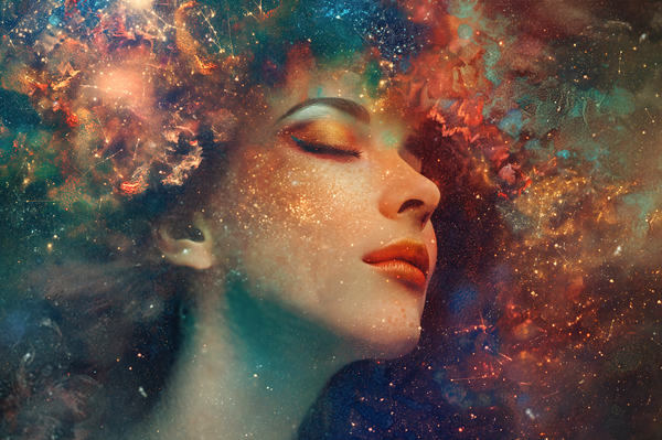 chip de femeie linistit pe fundal cosmic