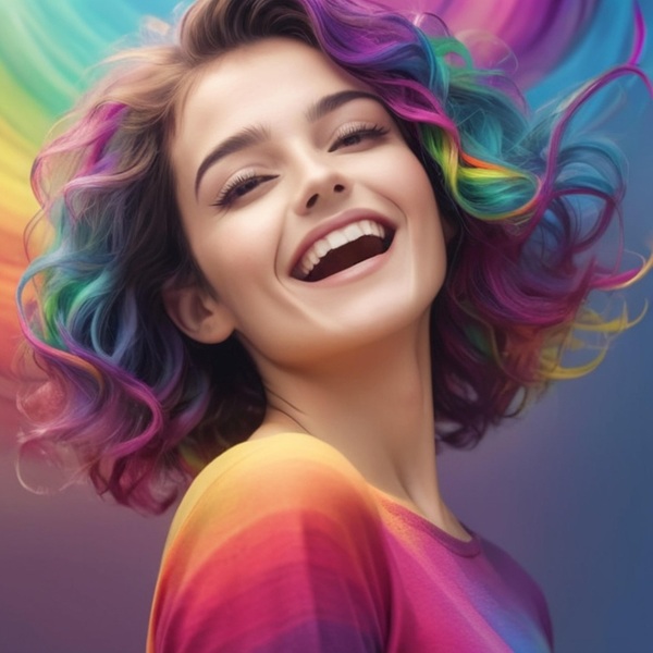 femeie cu par colorat curcubeu este fericita si rade