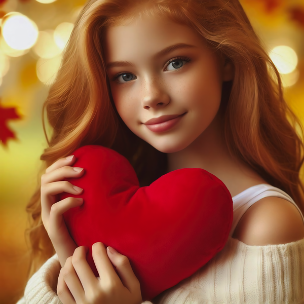 fata blonda tine o inima rosie de plus in brate