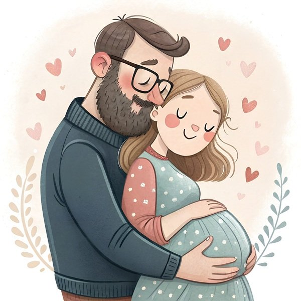 ilustratie cu barbat cu barba imbracat in albastru care isi tine in brate sotia insarcinata