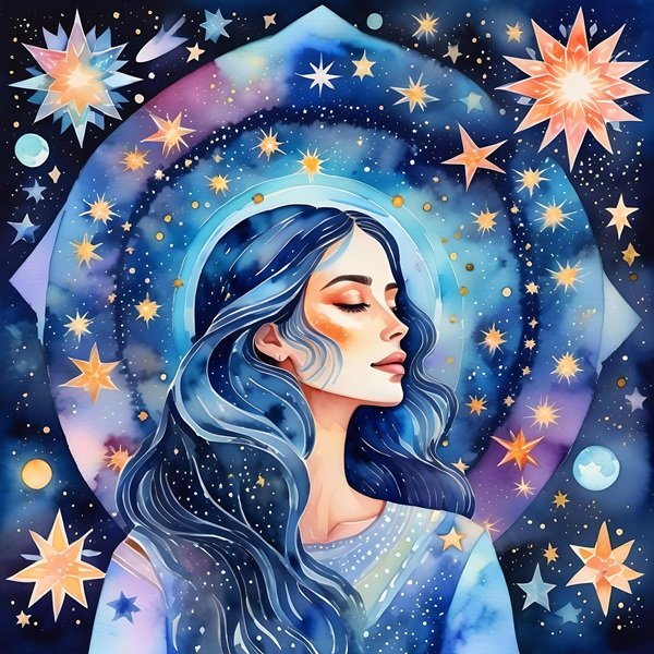 femeie cu parul albastru pe fundal fantasy cu stele