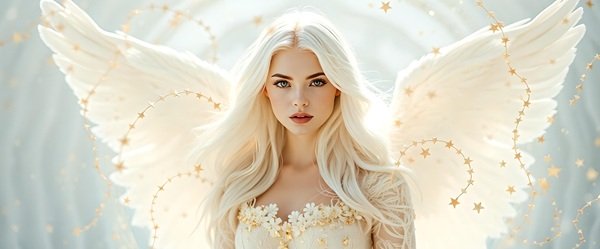 femeie blonda cu aripi de inger imbracata in alb