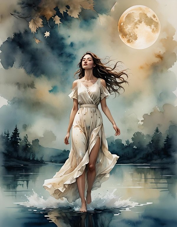 femeie in rochie alba lunga merge pe fundal luna plina