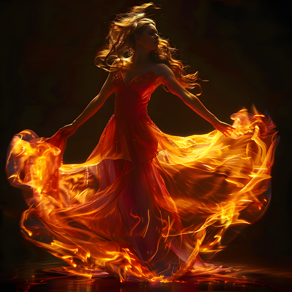 femeie in rochie rosie care danseaza prin foc