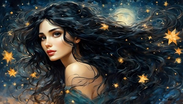 femeie cu parul lung brunet cret cu stele in el