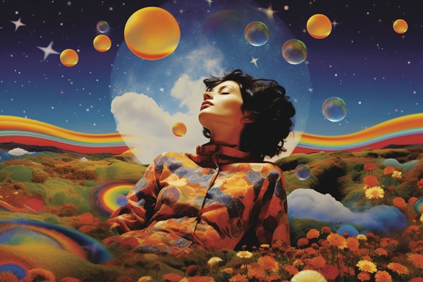 femeie bruneta pe fundal cosmic printre planete si curcubeu