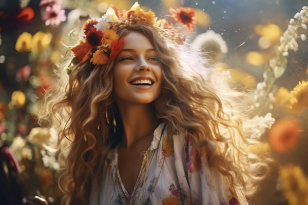 femeie cu parul lung blond si coroana de flori pe cap rade