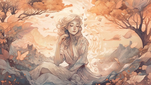 portret de femeie pe fundal fantasy linistita inconjurata de vegetatie