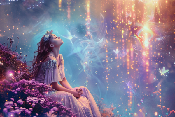 femeie care se uita spre lumina in fundal fantasy