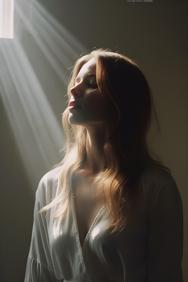 femeie blonda se uita spre o lumina care vine din tavan