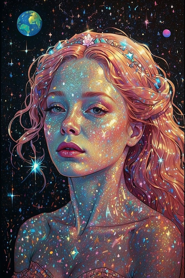 femeie cu parul roz si pielea sclipitoare printre planete