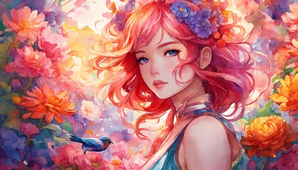 femeie cu parul rosu ondulat scurt pe fundal fantasy
