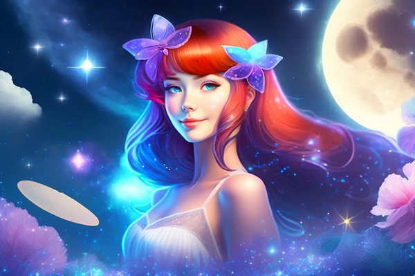 chip de femeie cu par roscat pe fundal fantasy cu planete