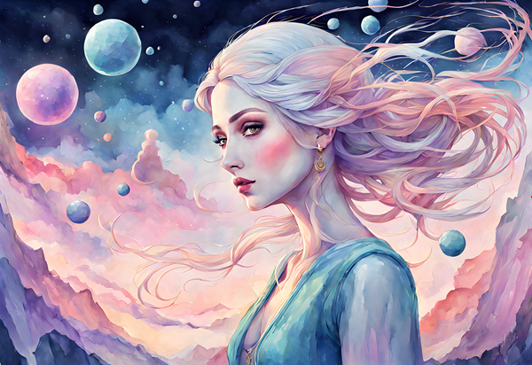 femeie cu par roz pe fundal fantasy cu planete