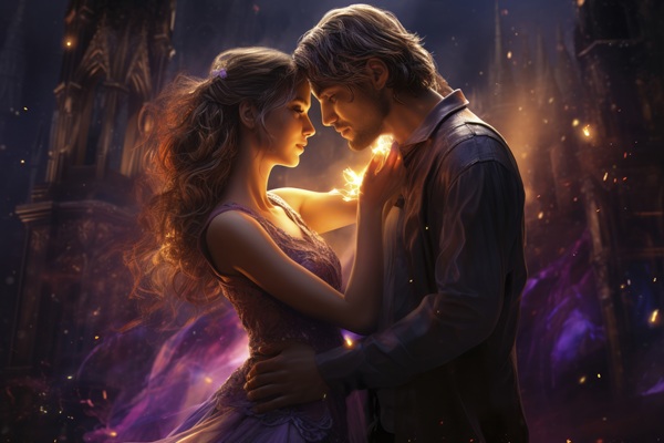 cuplu format din femeie si barbat pe fundal fantasy se tin in brate