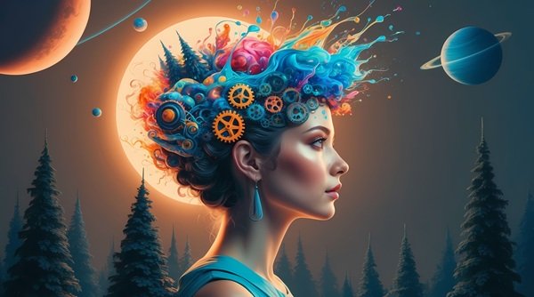 portret de femeie cu planete rotite si semne ezoterice in cap