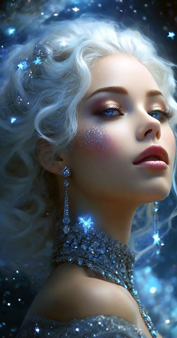 femeie cu parul alb ochi albastri si bijuterii pe fundal fantasy