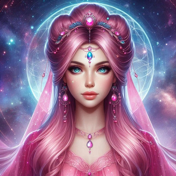 femeie cu par lung roz pe fond fantasy lunar