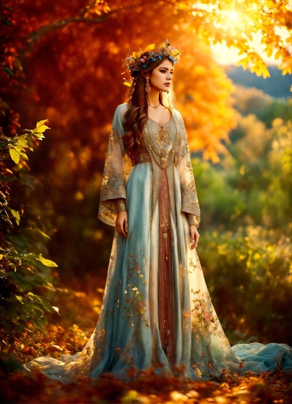 femeie in rochie lunga alba pe fundal tomnatic
