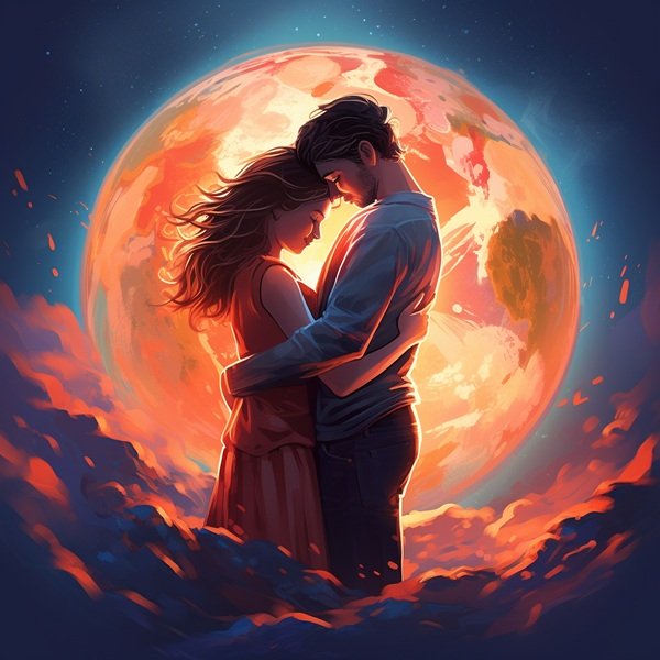 cuplu format din barbat si femeie pe fundal de luna plina