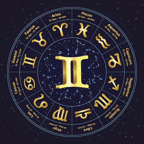reprezentare zodie gemeni pe fundal astrologic