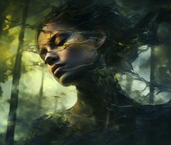femeie pe fundal fantasy priveste intr-o parte