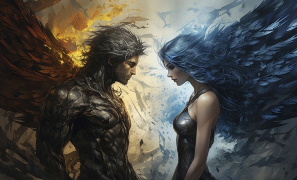 cuplu format din barbat si femeie cu aripi negre pe fundal fantasy