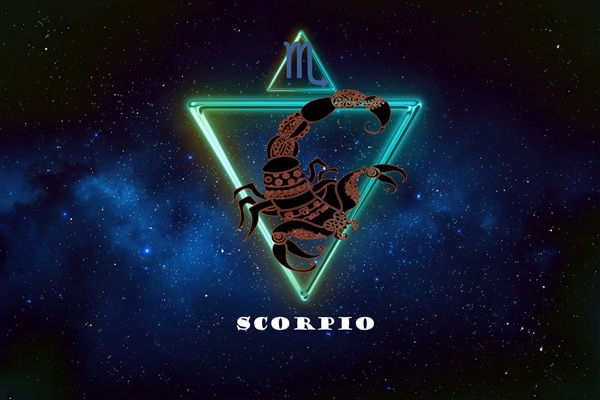 semn zodia scorpion incadrat in triunghi pe fundal albastru