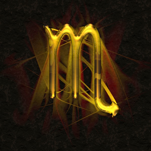 reprezentare semn zodiacal scorpion auriu pe fundal negru cu linii rosii