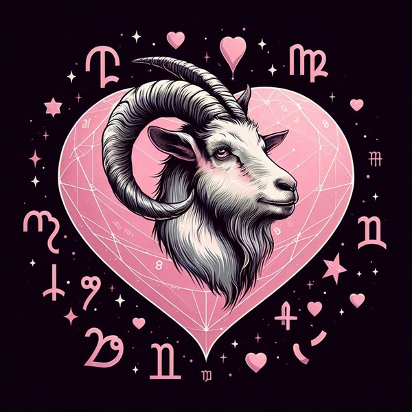 reprezentare a zodiei capricorn in inima roz incadrata pe fundal negru