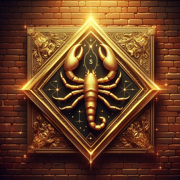 reprezentare artistica a zodiei scorpion de culoare aurie pe un perete de caramizi rosii