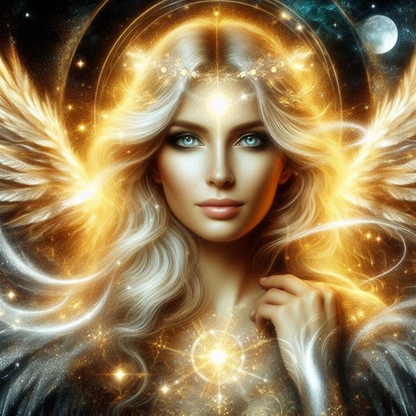 chip angelic de femeie blonda cu aura si alura de inger printre nori